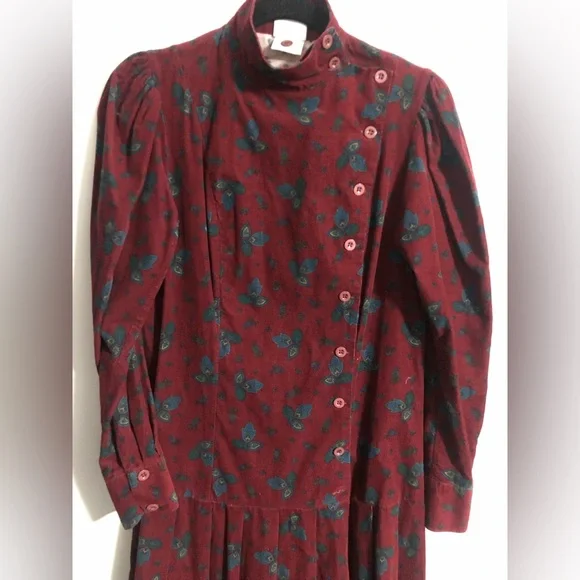 VintageLauraAshley CORDUROY Drop Waist FLORAL DRESS Button Sz10 Maroon/Teal EUC - Picture 2 of 6